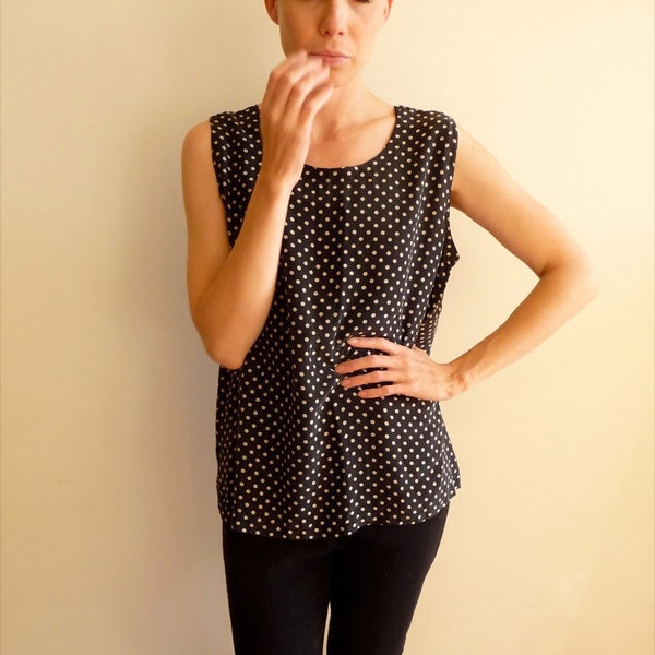 Black and White Polka Dot Silk Shell Blouse Tank