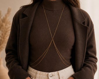 Layered Body Chain Under Blazer Office Outfit Jewelry Gold Turtleneck Styling Accessory Silver Dainty Handmade Minimalist Chest Chain for GF