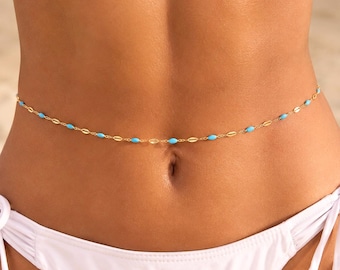 Catena da vita dorata con perline turchesi, gioiello boho per il corpo, catena da spiaggia per la pancia, delicato gioiello da vita con perline smaltate, accessorio per il corpo perfetto per i festival estivi