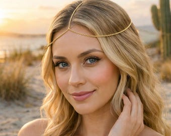 Head Chain Gold Forehead Chain Boho Headpiece Hair Chain Jewelry Festival Head Jewelry Bridal Headpiece Goddess Forehead Beach Accessory