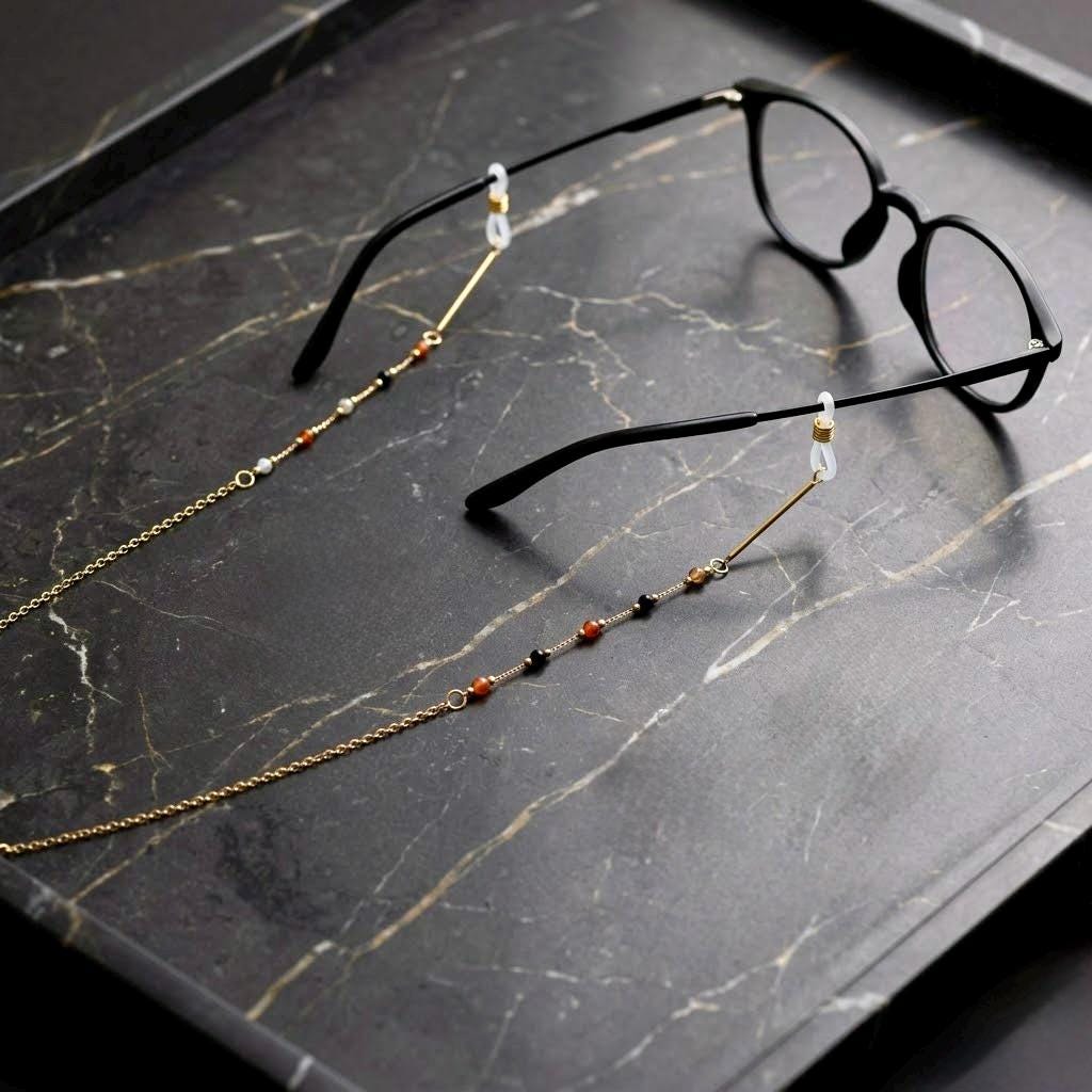 Gold-tone stainless steel beaded eyeglasses chain with mixed boho beads for everyday wear