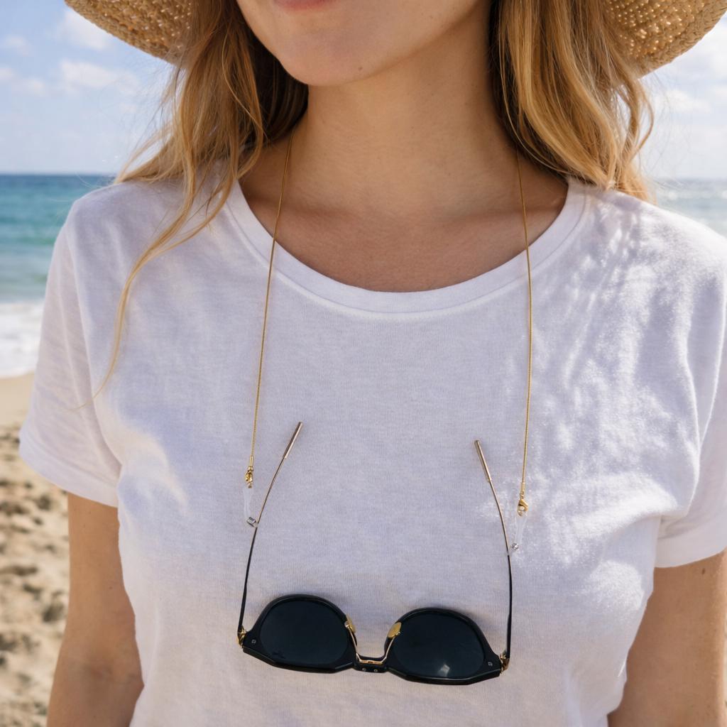 Minimalist gold tone stainless steel eyeglasses chain for everyday wear and secure glasses holder