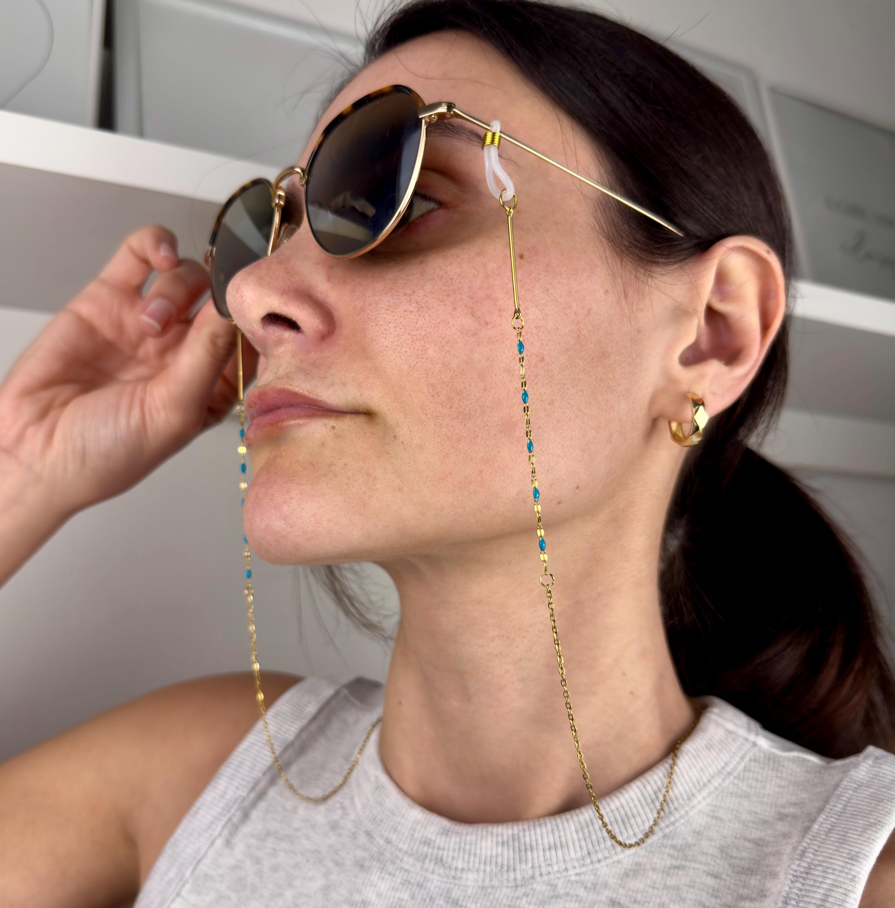 Gold-tone stainless steel beaded glasses chain with decorative boho beads for eyewear