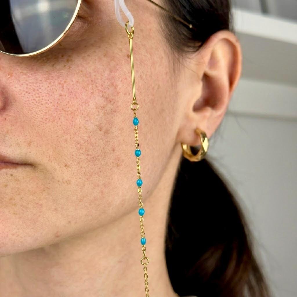Gold-tone stainless steel beaded glasses chain with decorative boho beads for eyewear