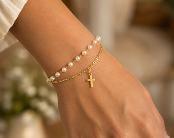 Pearl Faith Bracelet with Cross Religious Gift for Her Communion Jewelry for Confirmation Christian Accessory Gold Dainty Handmade Present
