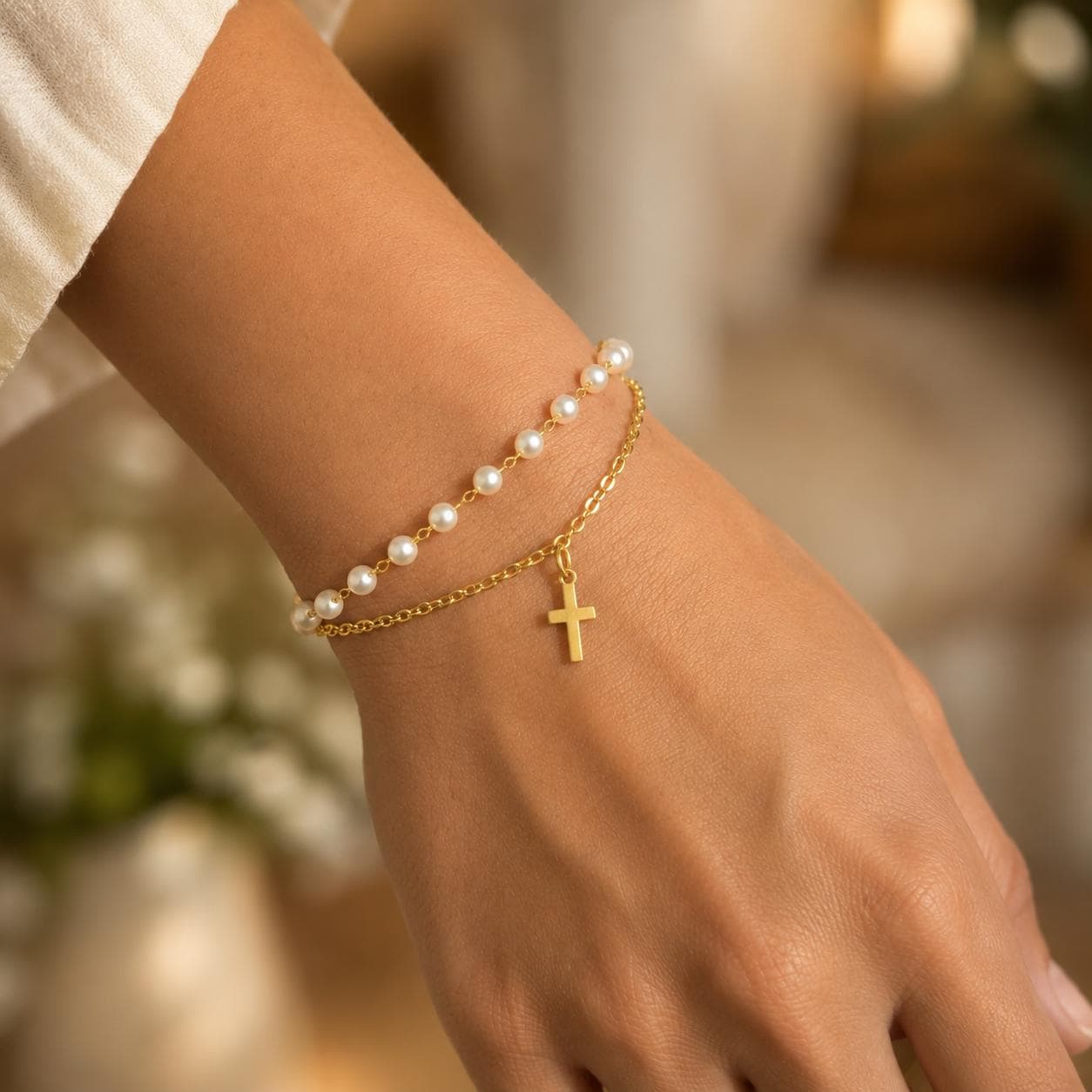 Delicate gold stainless steel pearl bracelet with cross charm for meaningful occasions