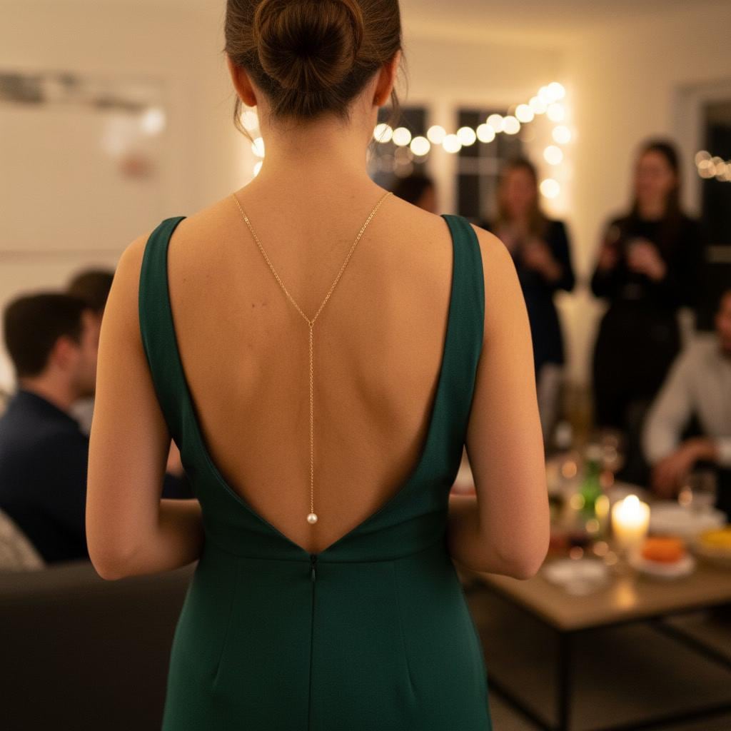Gold tone stainless steel pearl backdrop necklace, delicate bridal back chain for open-back dresses