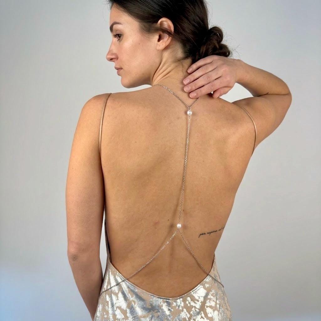 Gold tone stainless steel bridal pearl back chain with cascading drops for open back wedding jewelry