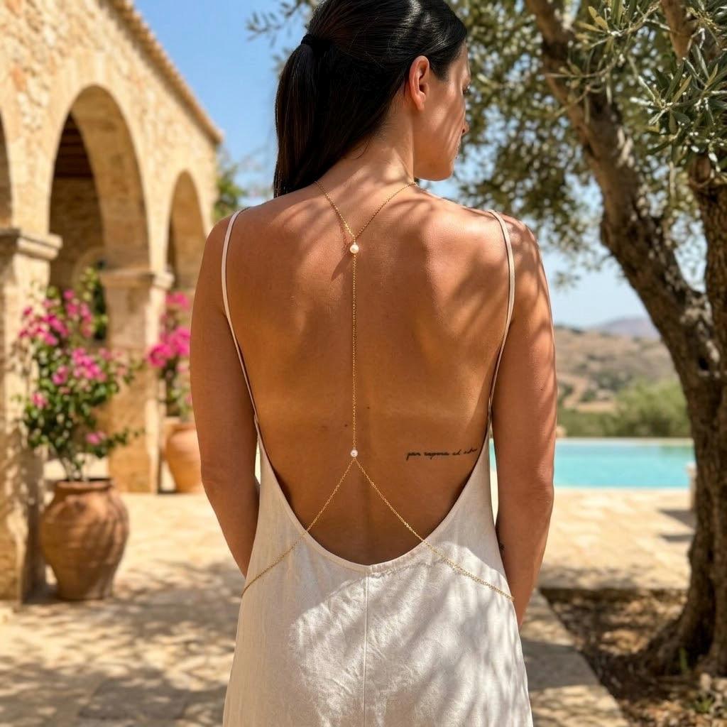 Gold tone stainless steel bridal pearl back chain with cascading drops for open back wedding jewelry