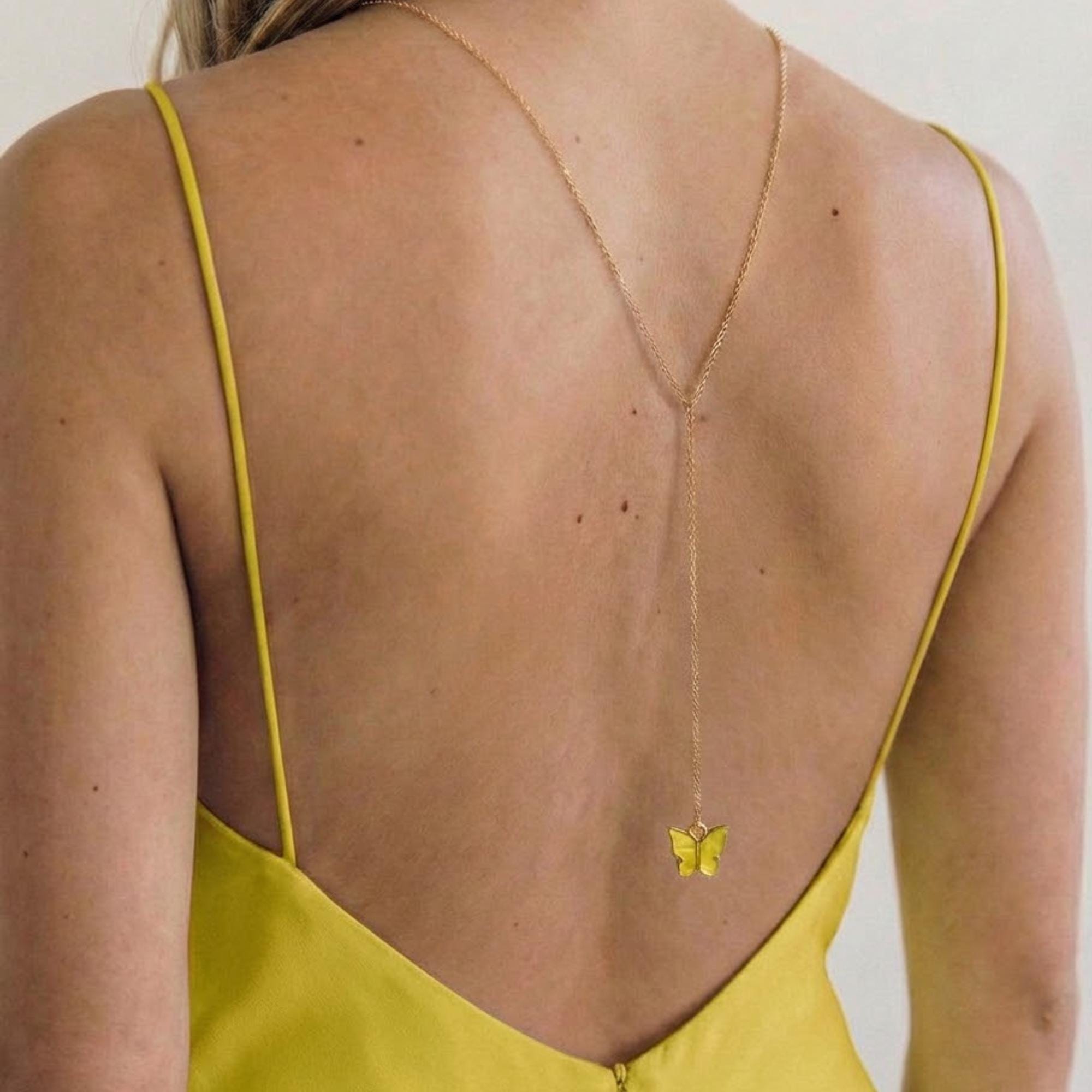 Gold stainless steel butterfly backdrop necklace, delicate back chain jewelry for women