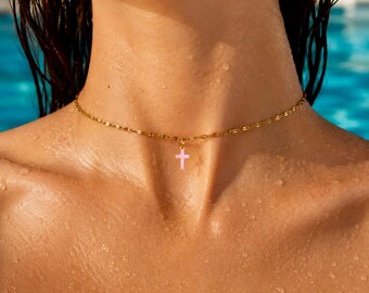 Pink Cross Choker Gold Necklace Enamel Cross Pendant Dainty Stainless Steel Waterproof First Communion Gift Confirmation Baptism Necklace