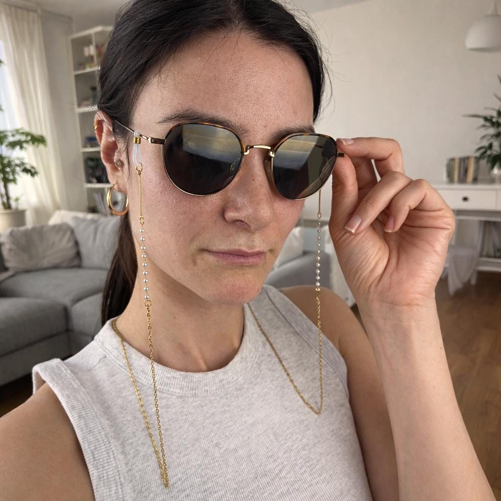 Delicate gold-tone stainless steel pearl glasses chain with elegant pearl accents for eyewear