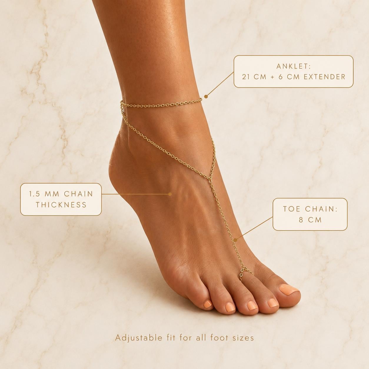 Delicate gold tone stainless steel barefoot sandal ankle bracelet for beach weddings and summer barefoot jewelry styling.