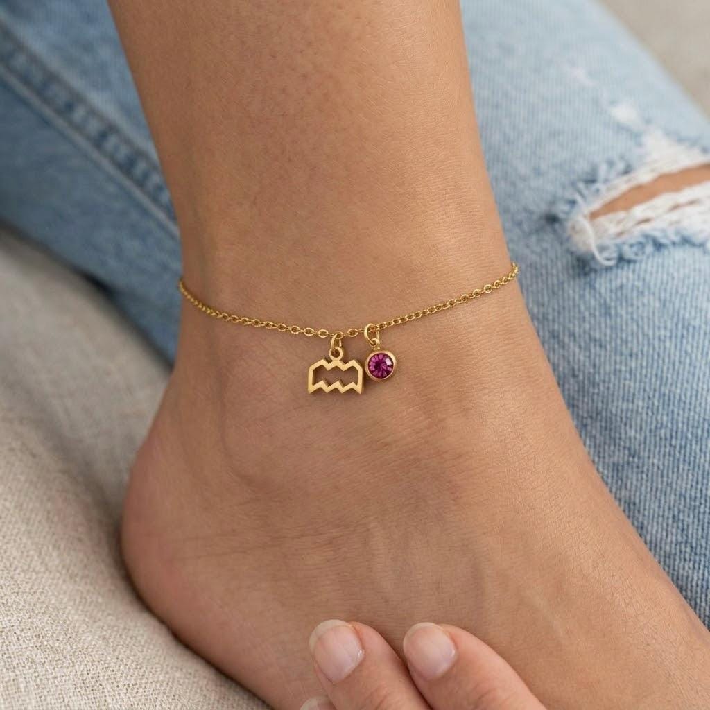 Delicate gold stainless steel beach anklet with zodiac charm and birthstone gemstone pendant