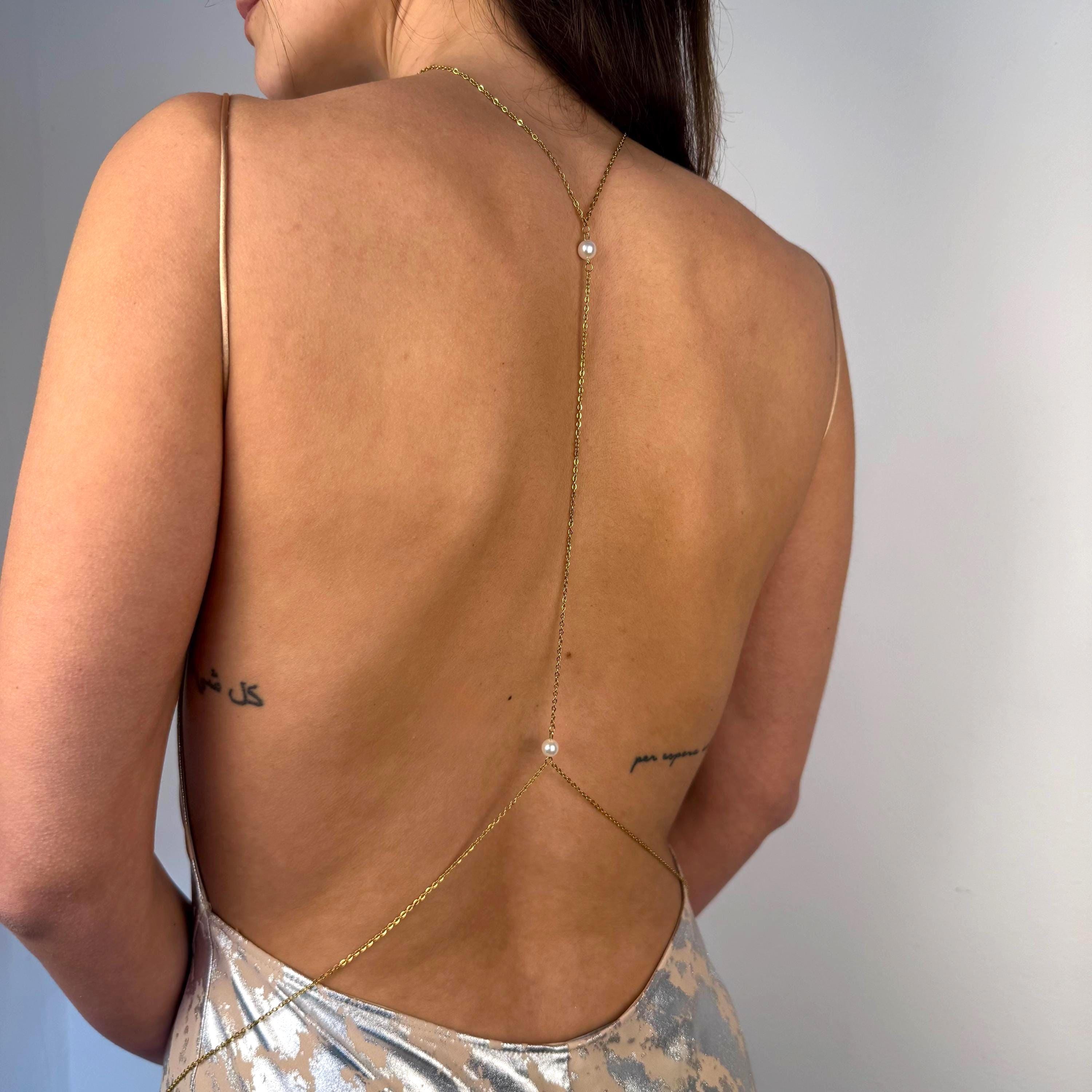 Gold tone stainless steel bridal pearl back chain with cascading drops for open back wedding jewelry