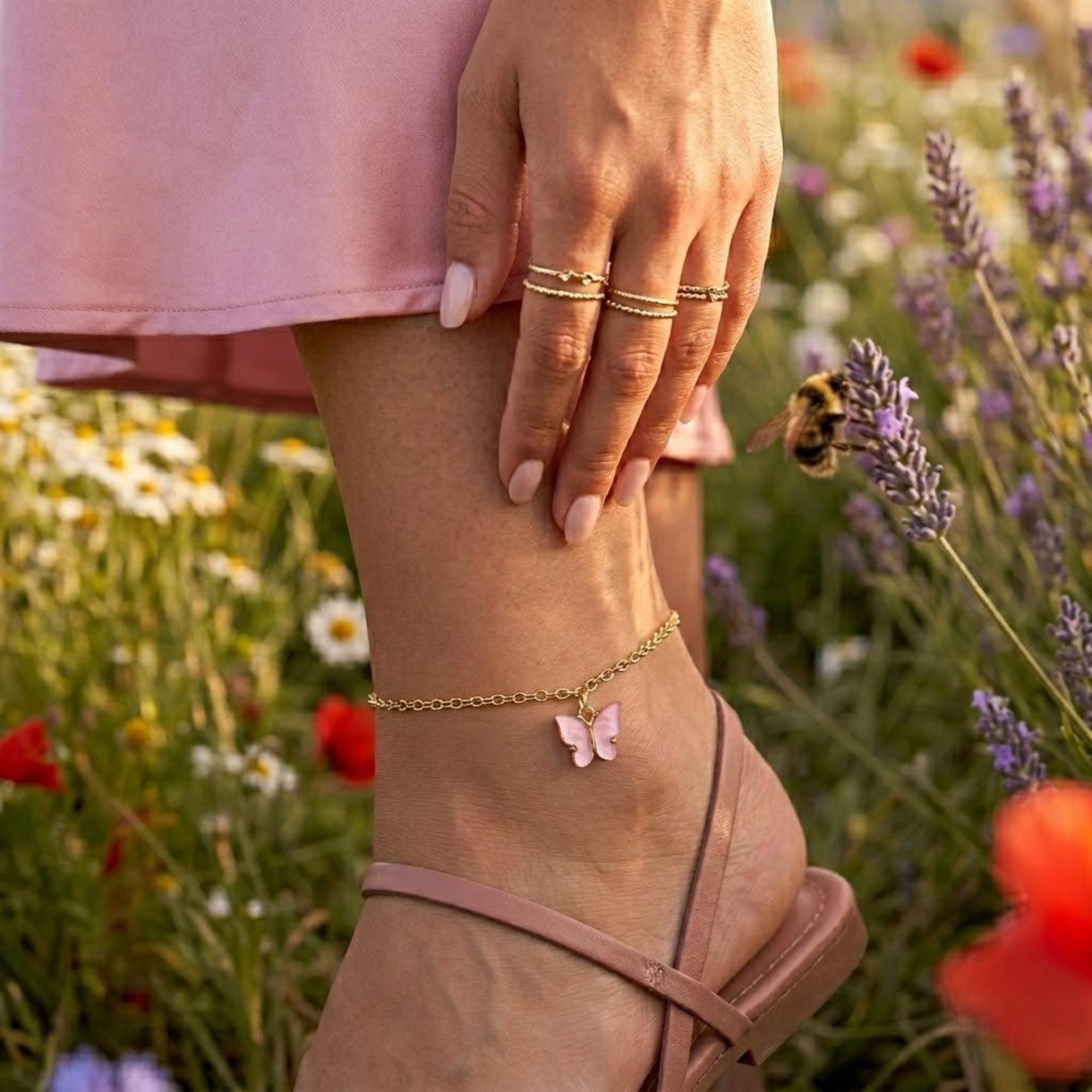 Delicate stainless steel butterfly anklet in gold finish, waterproof beach anklet for summer