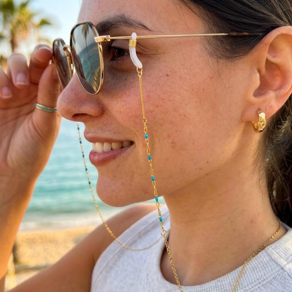 Gold-tone stainless steel beaded glasses chain with decorative boho beads for eyewear