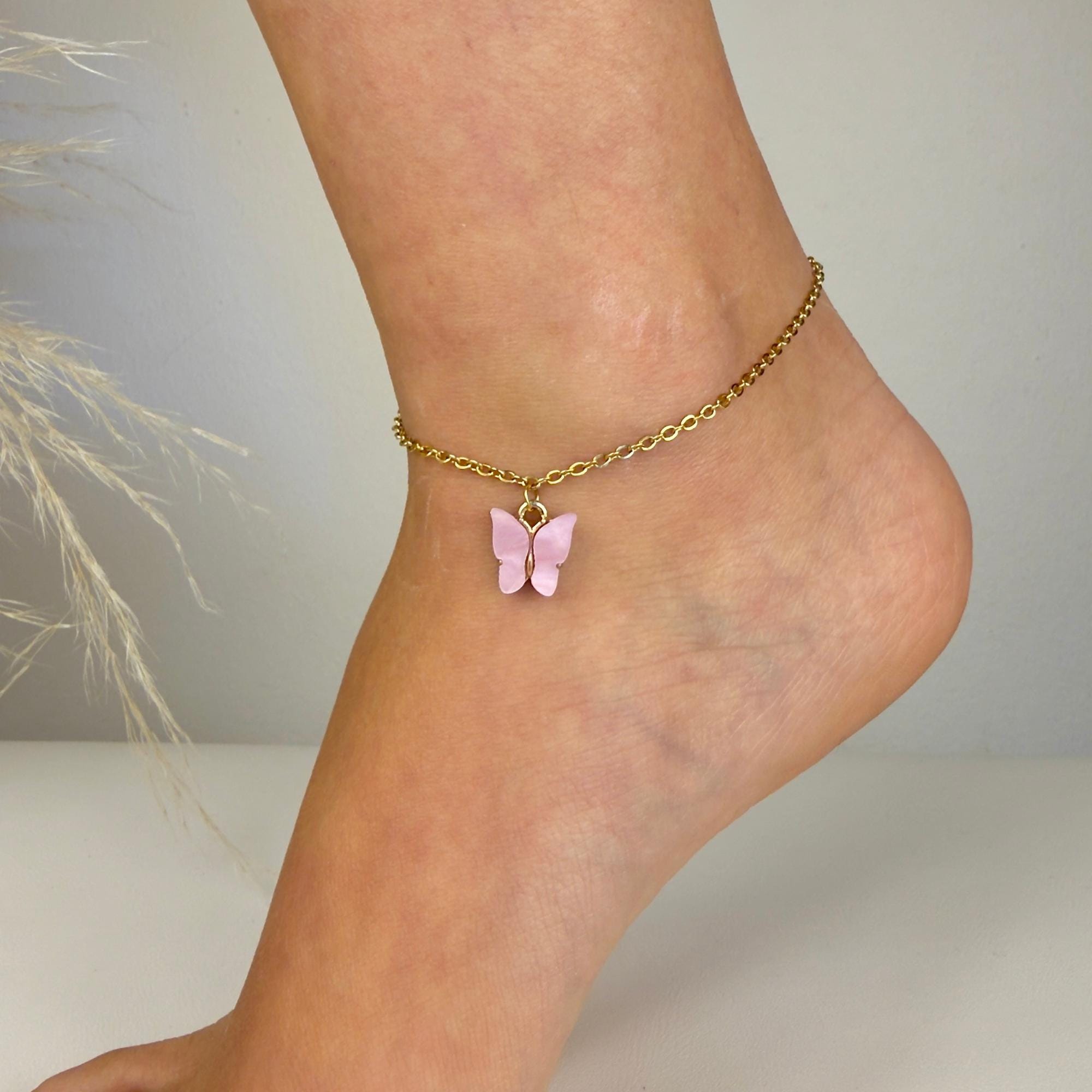 Delicate stainless steel butterfly anklet in gold finish, waterproof beach anklet for summer