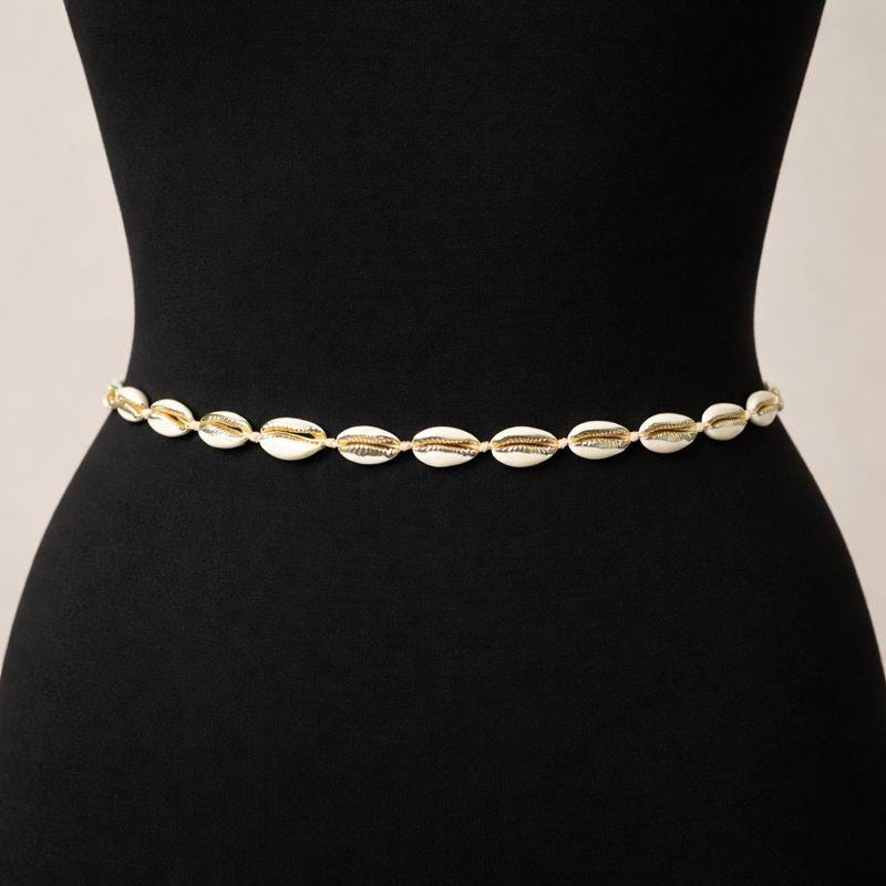 Handcrafted cowrie shell belly chain with natural shells on pull string cord, boho waist chain accessory for beach wear