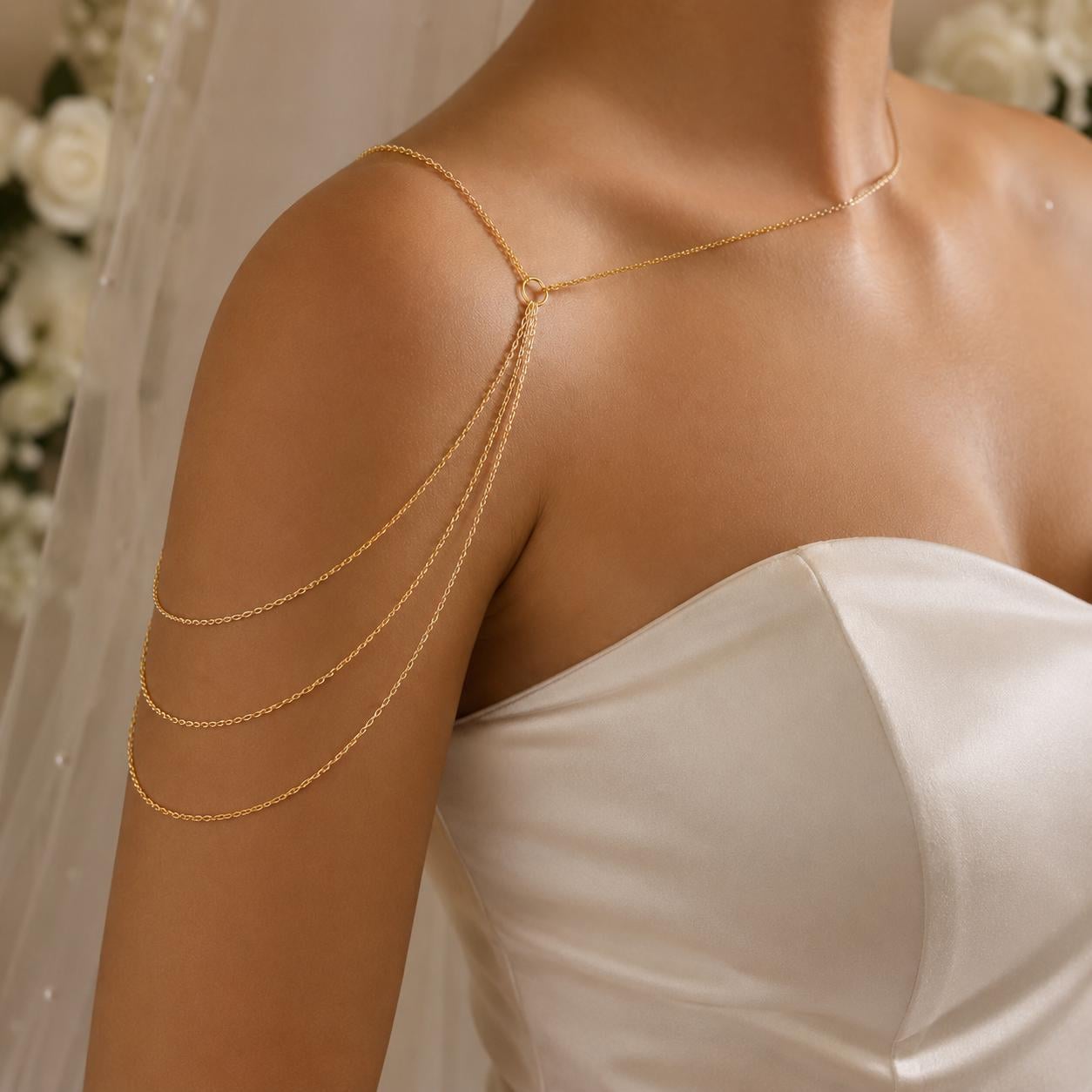 Layered gold tone stainless steel shoulder chain for weddings and special events, multi-strand arm jewelry