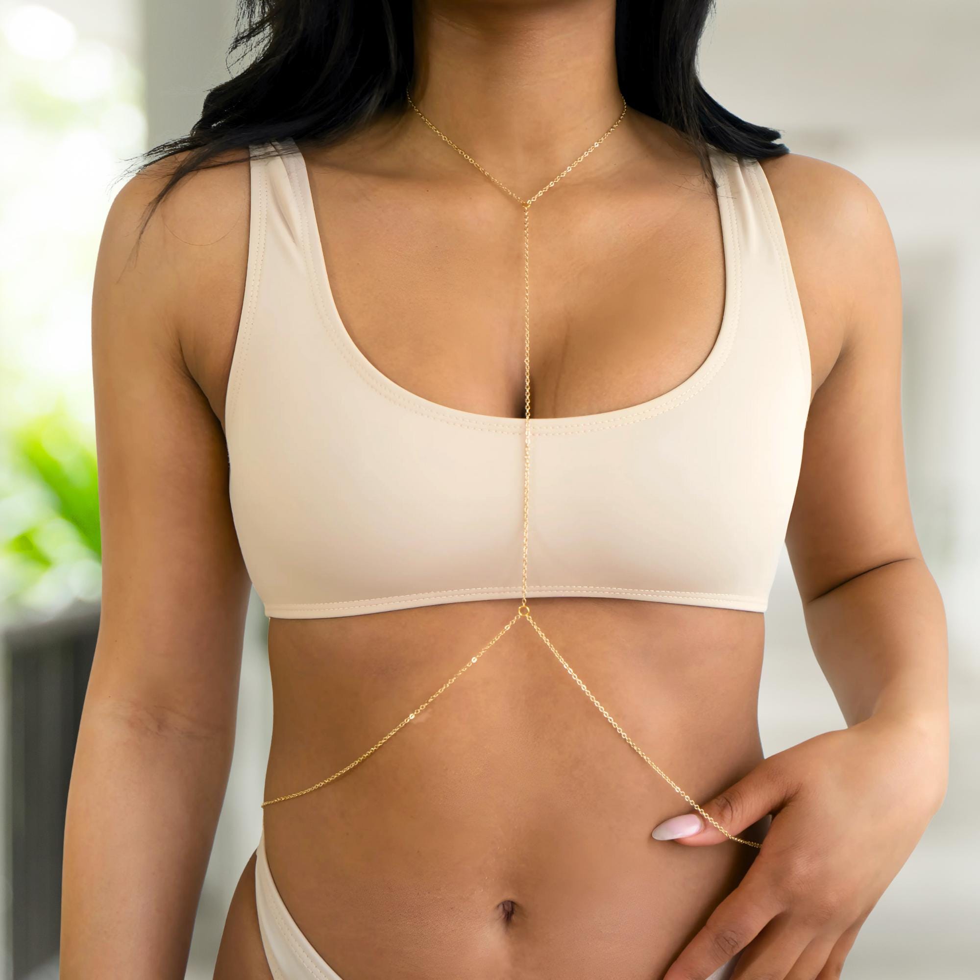 Gold tone stainless steel waist chain for festival body jewelry and summer wear