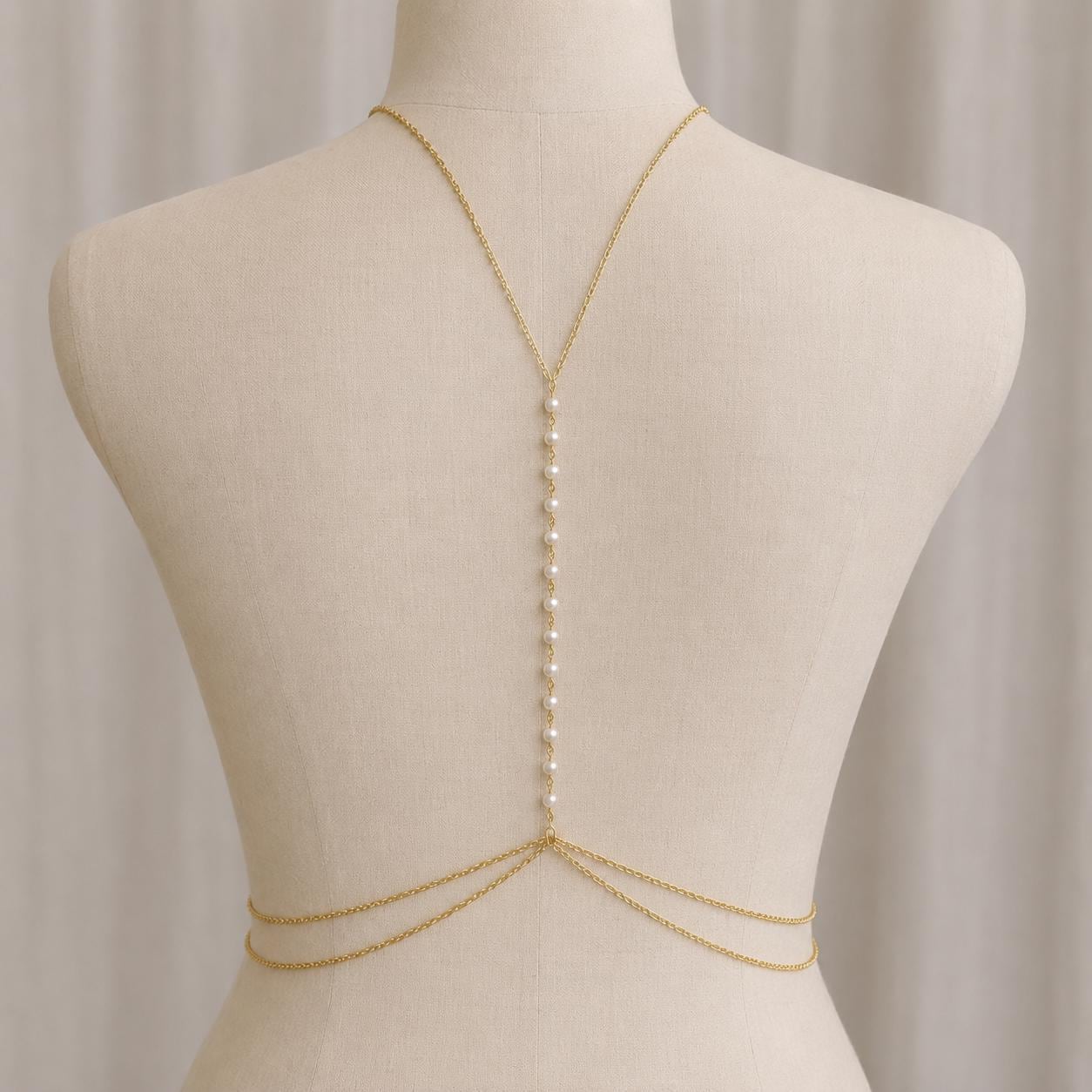 Gold-tone stainless steel pearl drop back chain for open-back evening dresses and prom gowns
