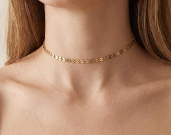 Disc Choker Necklace Gold Coin Chain Silver Stainless Steel Accessory Layering Waterproof Tarnish Free Minimalist Dainty Bridesmaid Gift Her