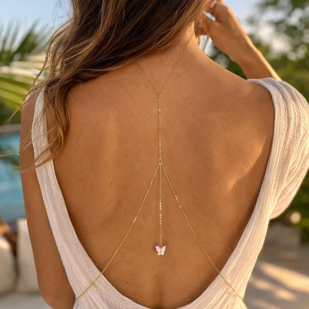 Gold stainless steel butterfly back chain necklace for open-back dresses and statement body jewelry