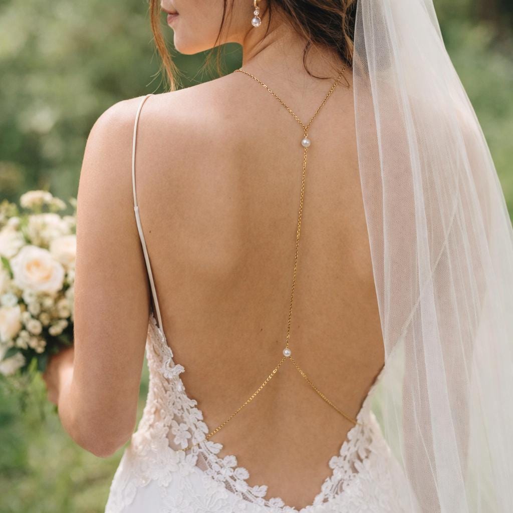 Gold tone stainless steel bridal pearl back chain with cascading drops for open back wedding jewelry