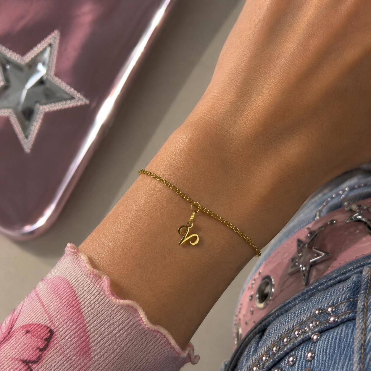 Gold stainless steel zodiac charm bracelet, dainty handcrafted design for personalized astrology jewelry