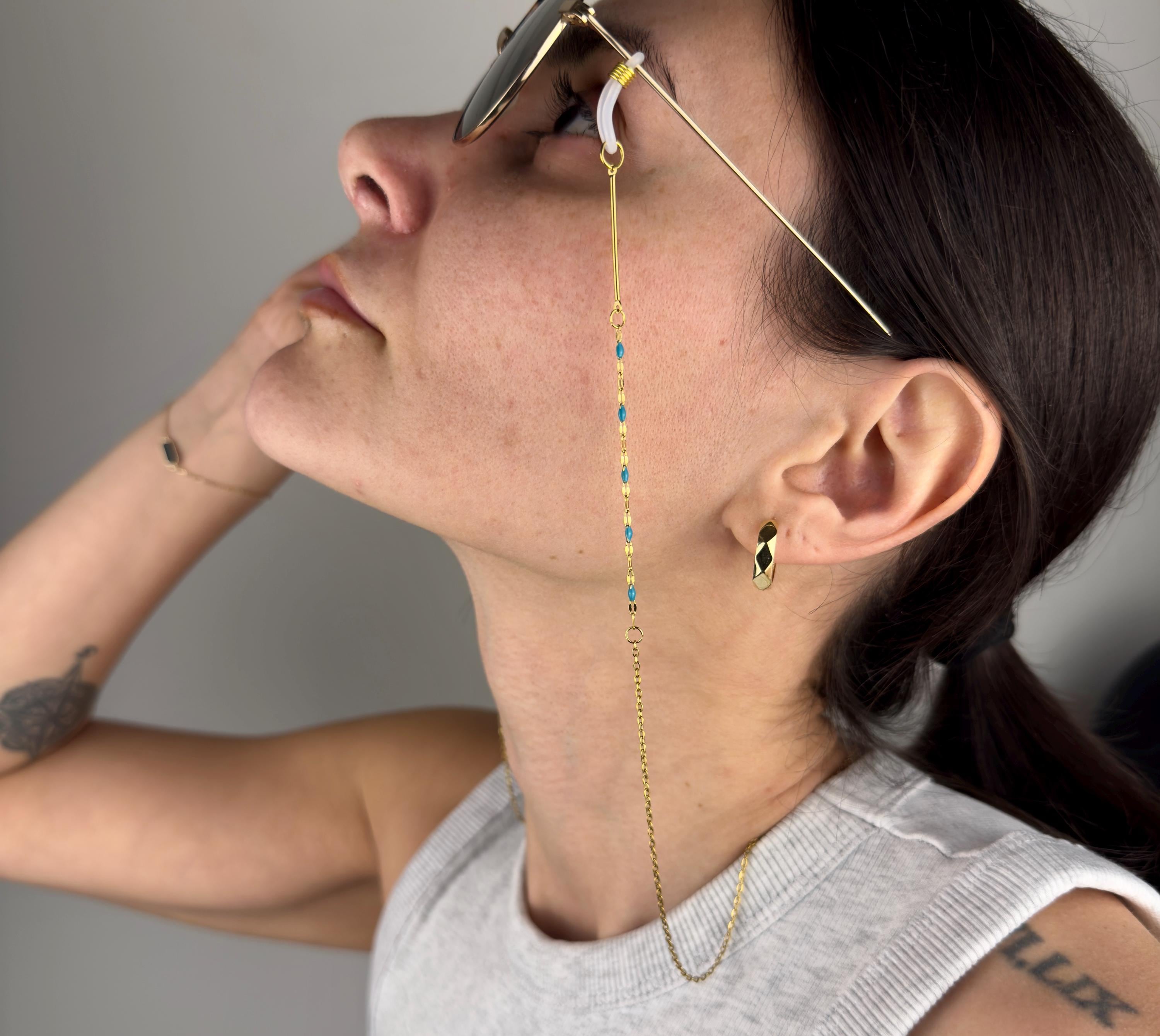 Gold-tone stainless steel beaded glasses chain with decorative boho beads for eyewear