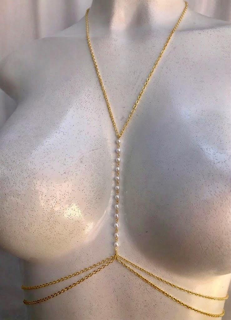 Gold stainless steel pearl body harness chain, luxurious festival body chain for beach wear