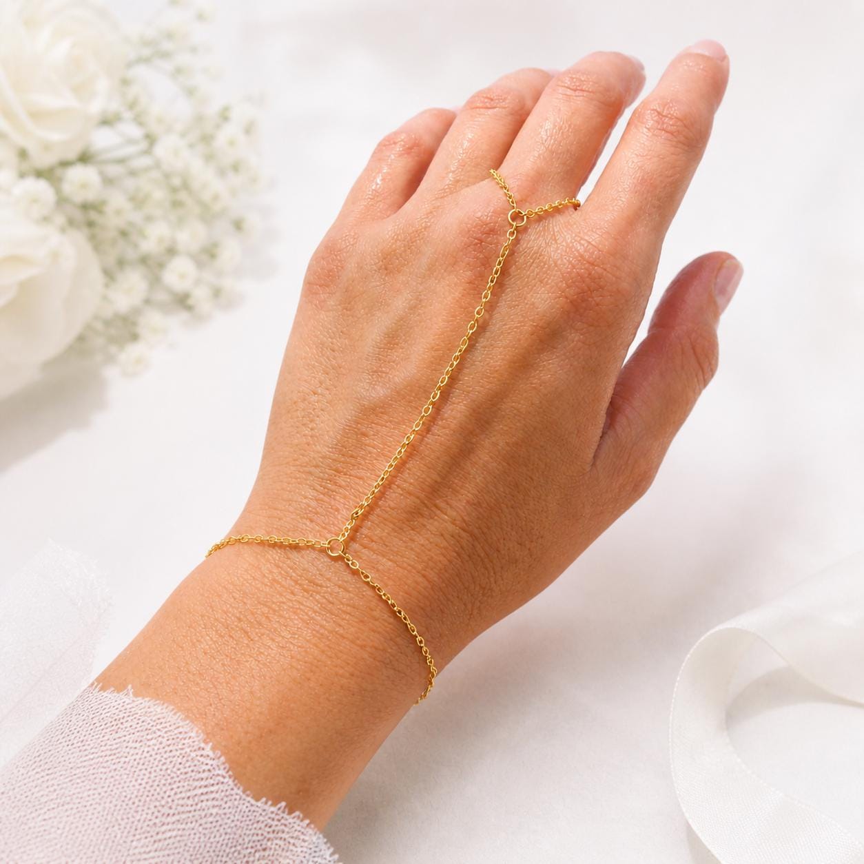 Delicate silver stainless steel hand chain connecting ring to bracelet for bridal hand jewelry