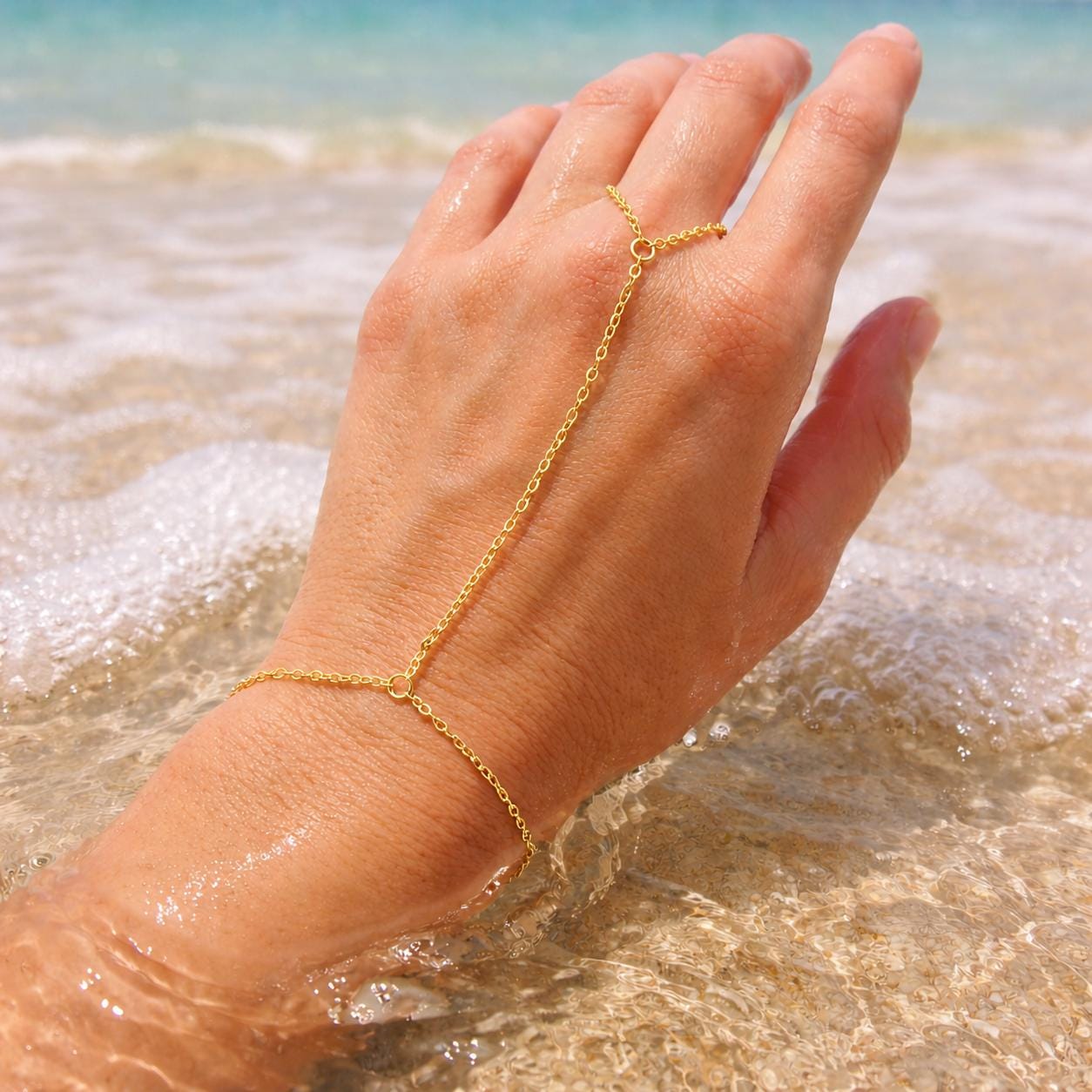 Delicate silver stainless steel hand chain connecting ring to bracelet for bridal hand jewelry