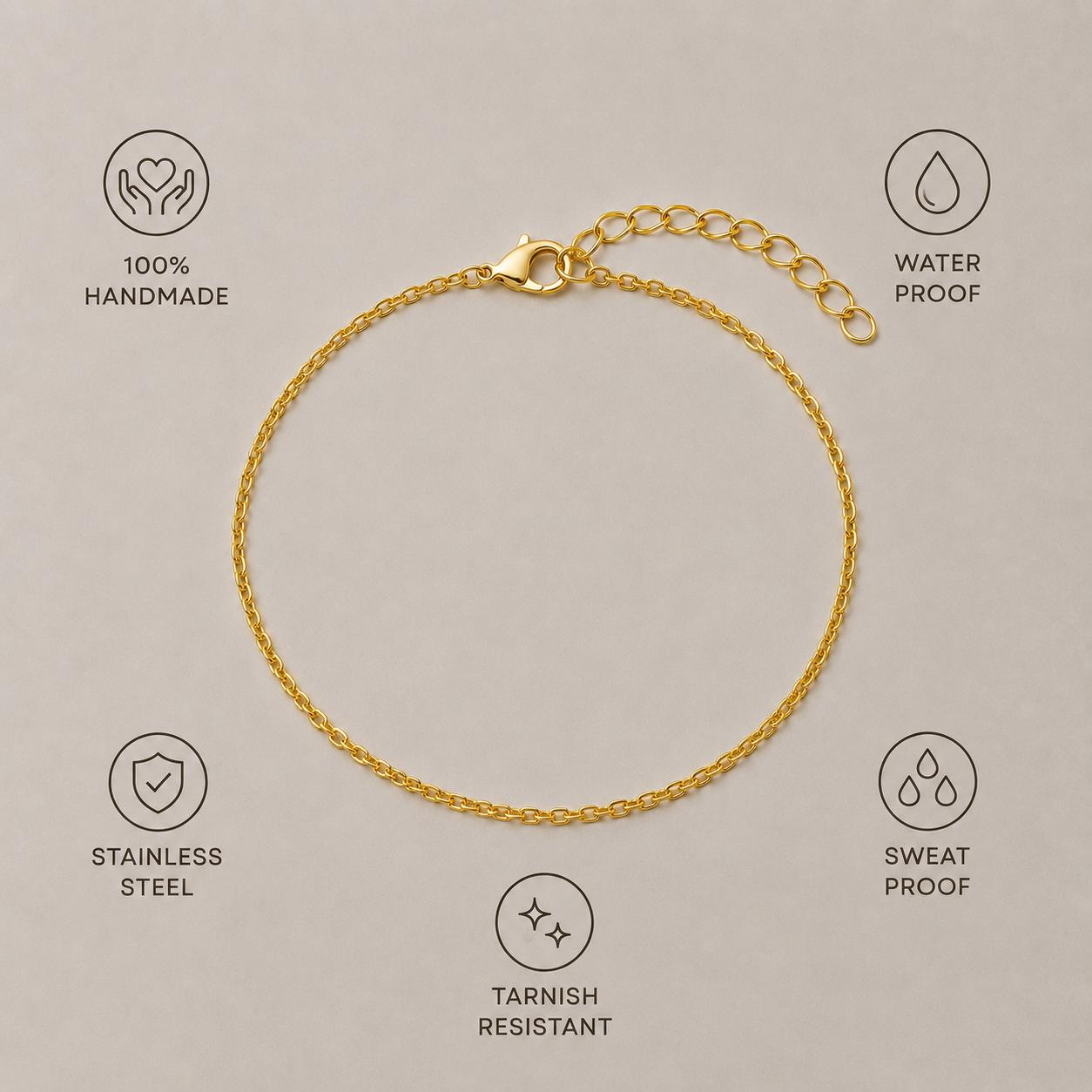 Dainty gold stainless steel chain bracelet for everyday wear, waterproof and tarnish-resistant layering jewelry