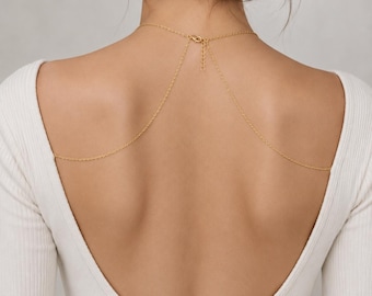 2-in-1 Gold Body Chain & Backless Dress Necklace Minimalist Shoulder Jewelry Statement for Brides Versatile Body Jewelry for Wedding Day