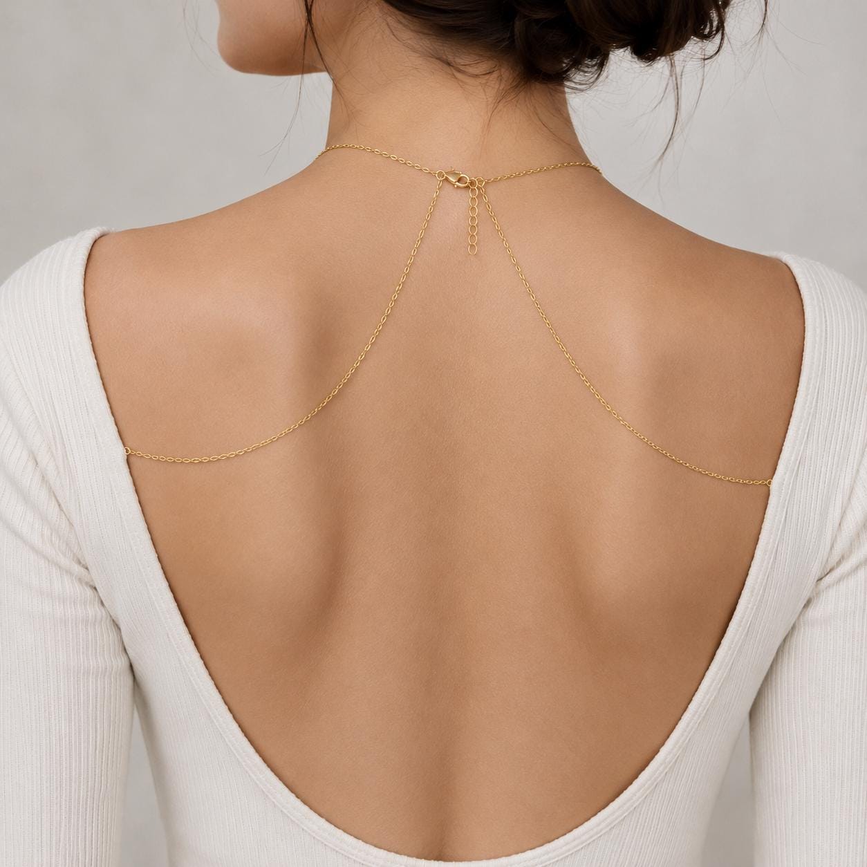 Gold stainless steel shoulder chain and body jewelry for weddings, convertible backdrop necklace design