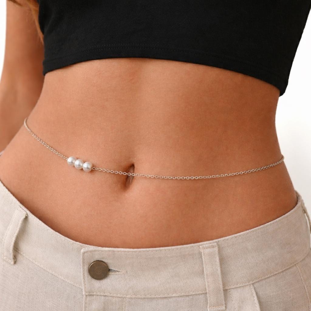 Gold stainless steel pearl beaded belly chain handmade waist accessory for boho beach style