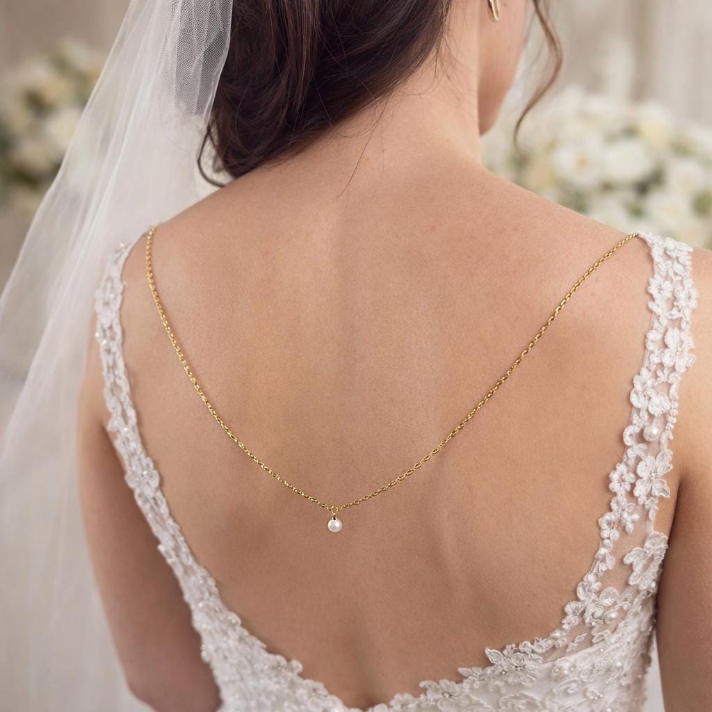 Gold stainless steel minimalist pearl back body chain for open back dresses and elegant events