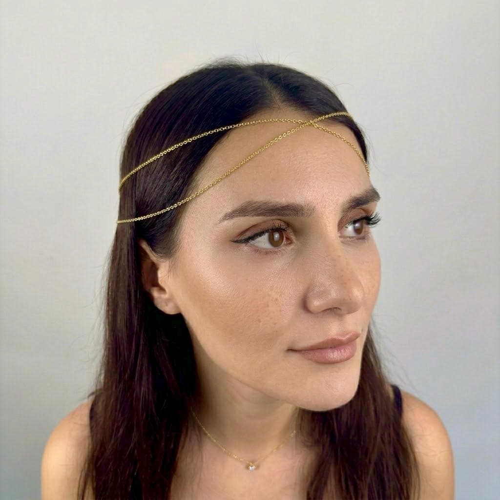 Delicate gold-tone stainless steel boho hair chain headpiece for festival fashion and weddings