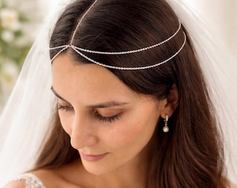 Cadena para la cabeza de novia, delicada joyería para la frente, tocado de boda bohemio, cadena para el cabello de festival, delicada corona de cadena para la novia, accesorio para el tocado