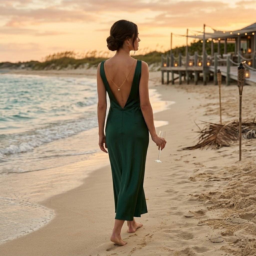 Gold stainless steel minimalist pearl back body chain for open back dresses and elegant events