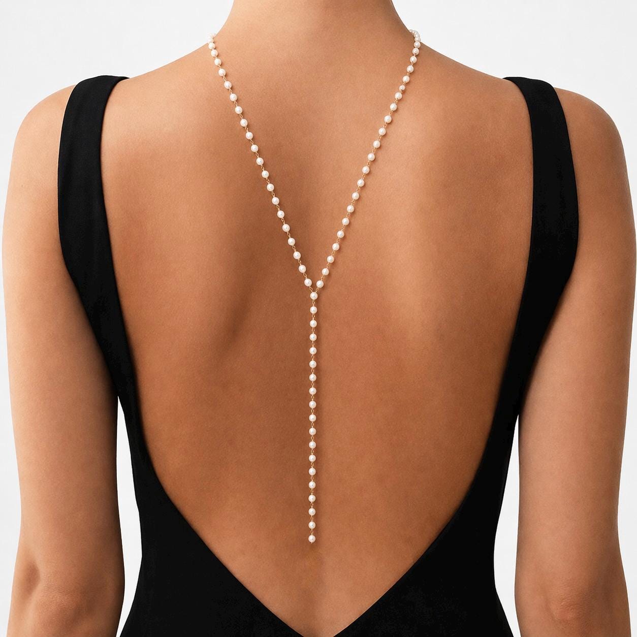 Gold-tone stainless steel pearl lariat back necklace with freshwater pearls for bridal back jewelry