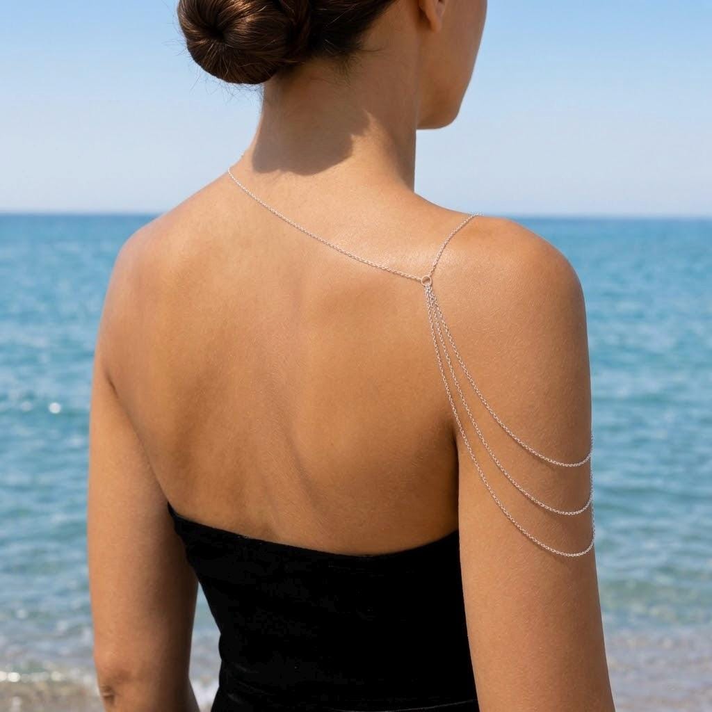 Layered gold tone stainless steel shoulder chain for weddings and special events, multi-strand arm jewelry