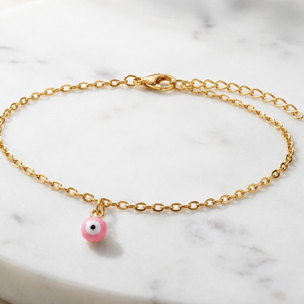 Gold stainless steel evil eye charm anklet, handcrafted protective beach jewelry for summer
