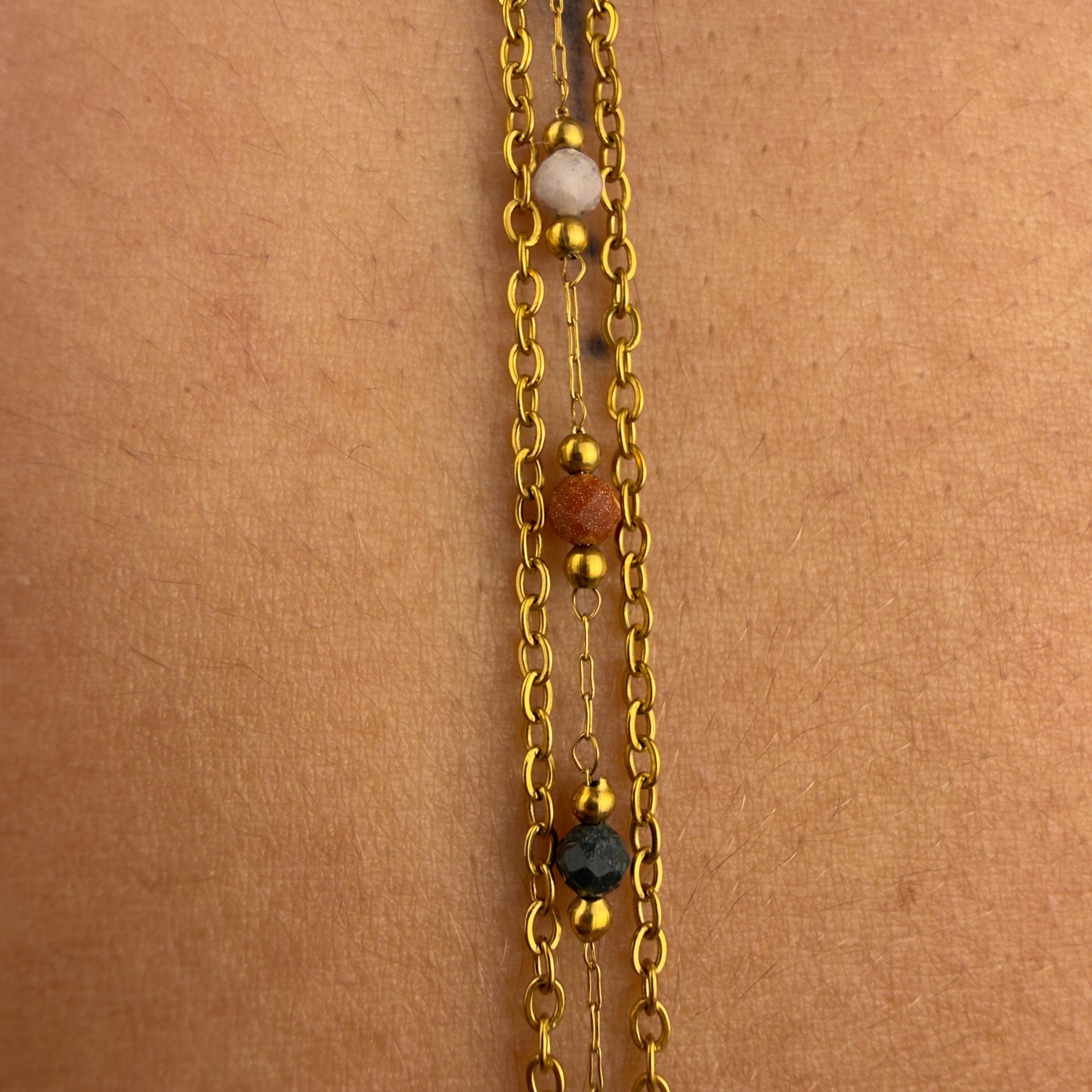 Handmade beaded bikini clip chain in stainless steel, triple-strand beach jewelry for bikini straps and waistbands