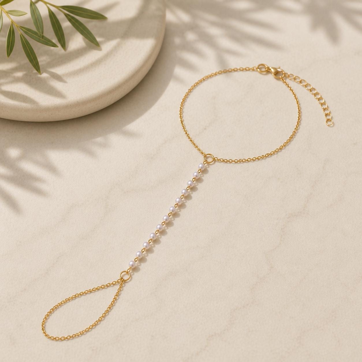Gold-tone stainless steel pearl barefoot sandal anklet for beach weddings and special occasions