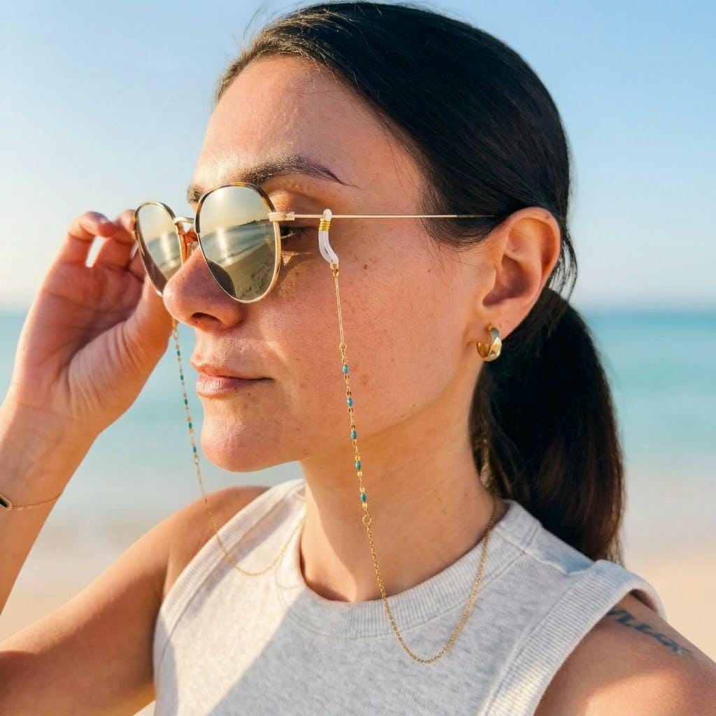 Gold-tone stainless steel beaded glasses chain with decorative boho beads for eyewear