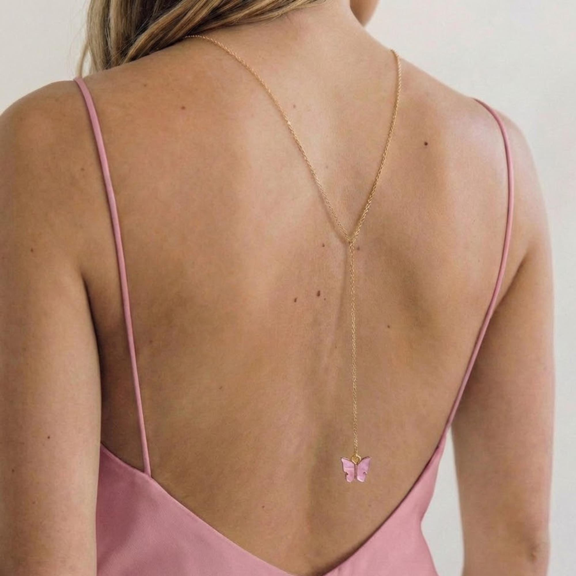 Gold stainless steel butterfly backdrop necklace, delicate back chain jewelry for women