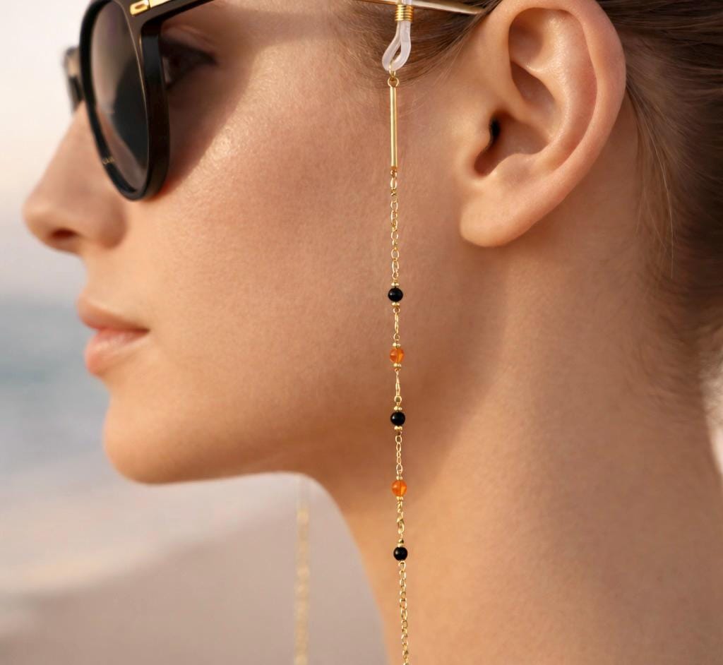 Gold-tone stainless steel beaded eyeglasses chain with mixed boho beads for everyday wear
